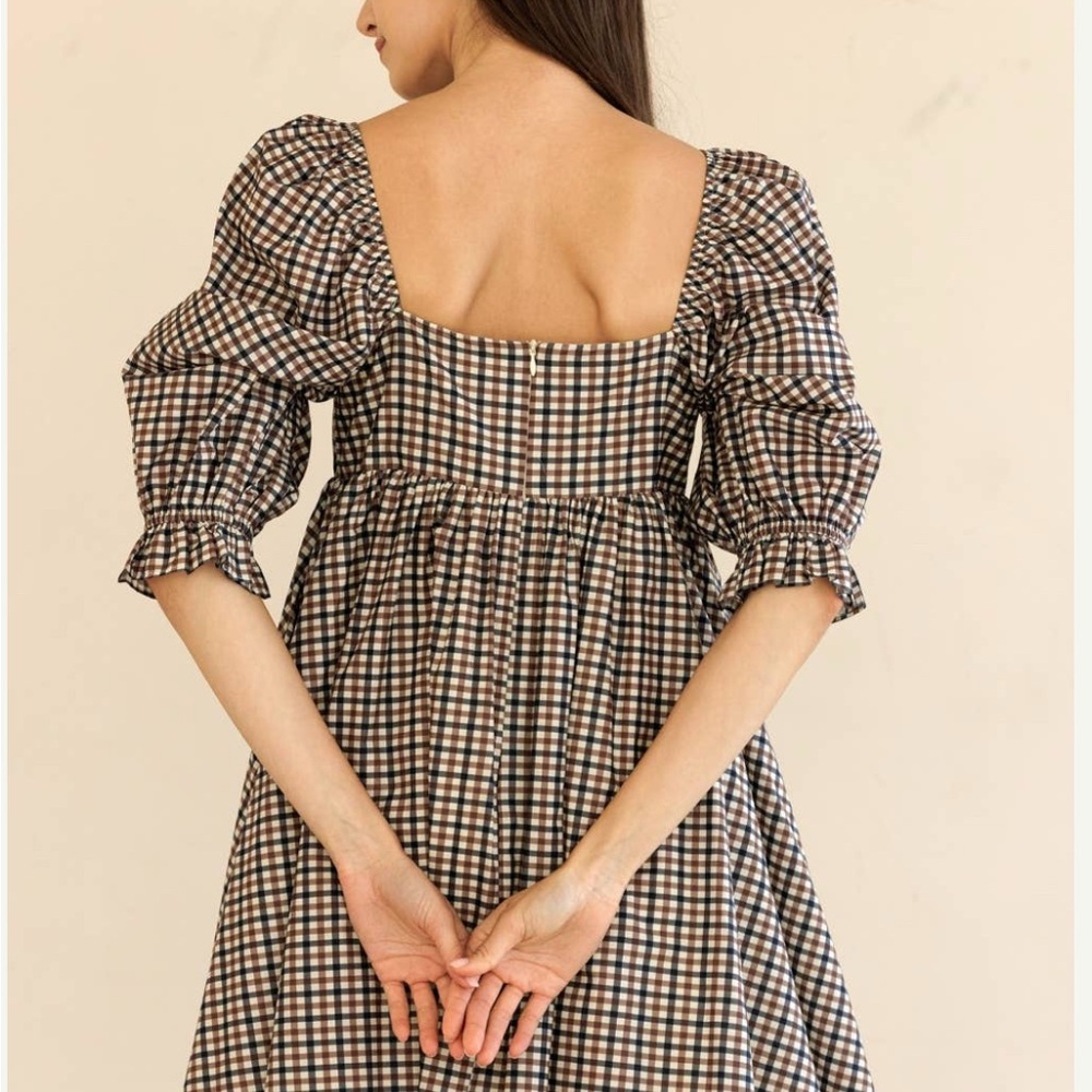 Gingham Checkered Pattern Puff Sleeve Mini Dress - image 3